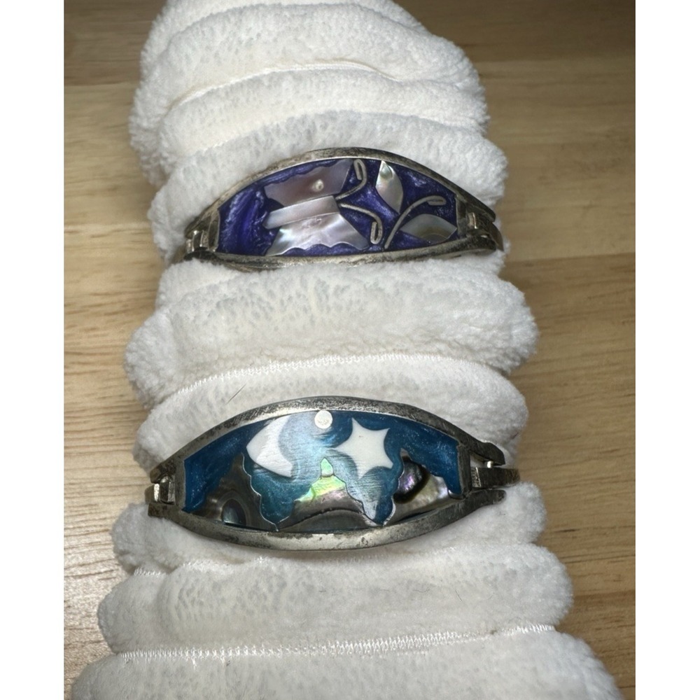 2 Vintage Alpaca Mexico Small Size 5.5" Purple Teal Abalone‎ MOP Inlay Bracelets - Picture 2 of 6